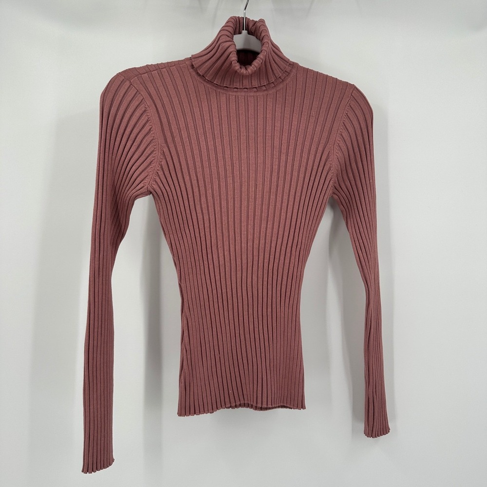 Womens Minimalist Old Money Silk Blend Ribbed Turtleneck Sz M Quiet Luxury Chic